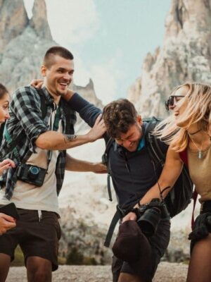 group of friends hiking outdoors