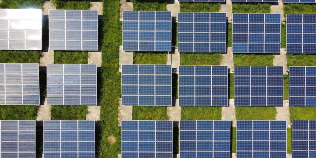 aerial view of several solar panels