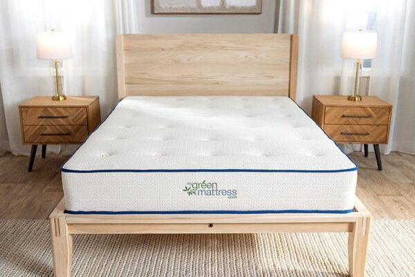 Certified organic mattress on My Green Mattress premium wood platform bed frame in bedroom