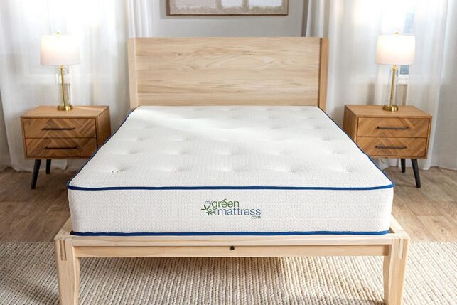 Certified organic mattress on My Green Mattress premium wood platform bed frame in bedroom