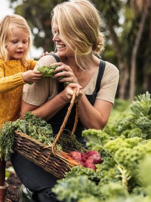 woman and child in garden