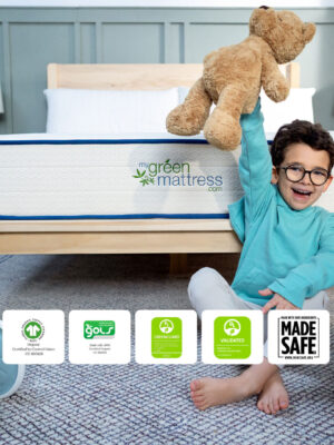 A smiling child sitting beside the Pure Eco Organic Kids Mattress, shown with GOTS, GOLS, GREENGUARD Gold, UL Validated, and MADE SAFE certifications highlighting the mattress’s organic, nontoxic safety.