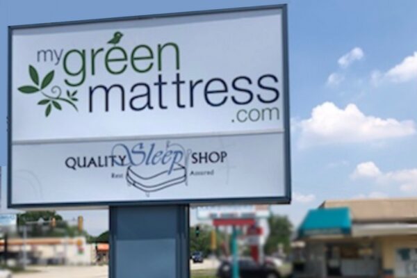 Organic mattress showroom sign for My Green Mattress at Quality Sleep Shop near Countryside and La Grange, Illinois.