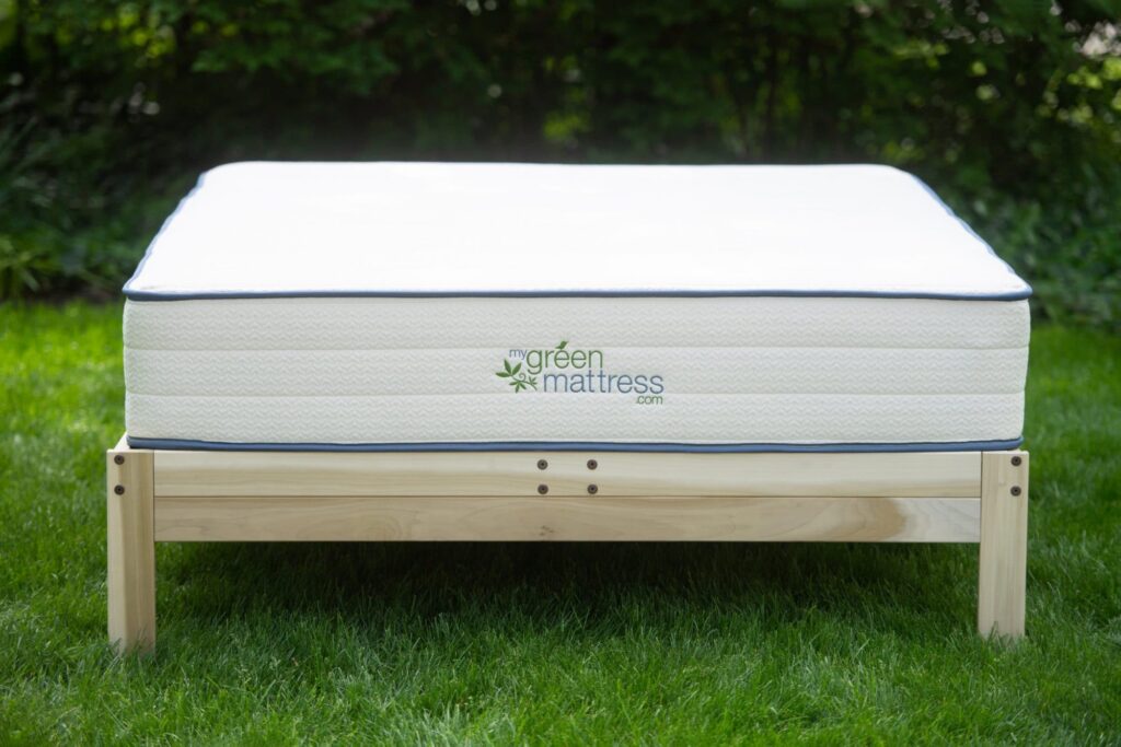my green mattress on platform bed outdoors